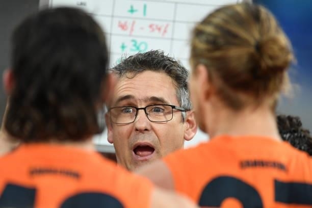 Leon Cameron coach of the Giants addresses the players during the round 13 AFL match between the North Melbourne Kangaroos and the Greater Western...
