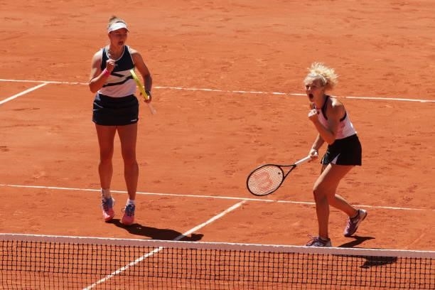 Barbora Krejcikova and Katerina Siniakova of The Czech Republic celebrate in their Women's Doubles Final match against Bethanie Mattek-Sands of The...