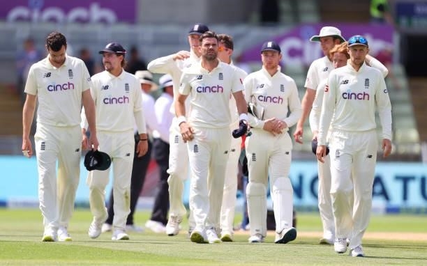 Players of England led by Joe Root make their way off following Day Four of the Second Test LV= Insurance Test Series match between England and New...