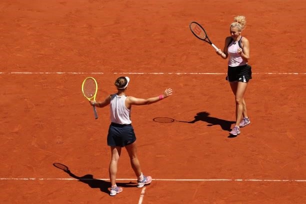 Barbora Krejcikova and Katerina Siniakova of The Czech Republic celebrate match point in their Women's Doubles Final match against Bethanie...