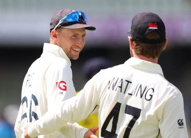 Joe Root of England and BJ Watling of New Zealand interact following Day Four of the Second Test LV= Insurance Test Series match between England and...