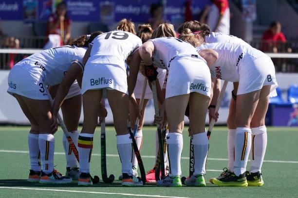 The Belgian national hockey team during the Euro Hockey Championships Women match between Belgium and Spain at Wagener Stadion on June 13, 2021 in...