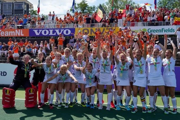 Players of the Belgian national hockey team celebrating during the Euro Hockey Championships Women match between Belgium and Spain at Wagener Stadion...