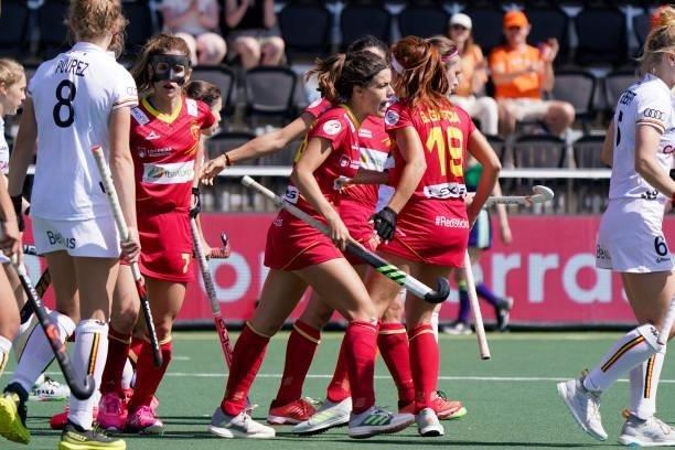 Lucia Jimenez of Spain celebrating with her teammates during the Euro Hockey Championships Women match between Belgium and Spain at Wagener Stadion...