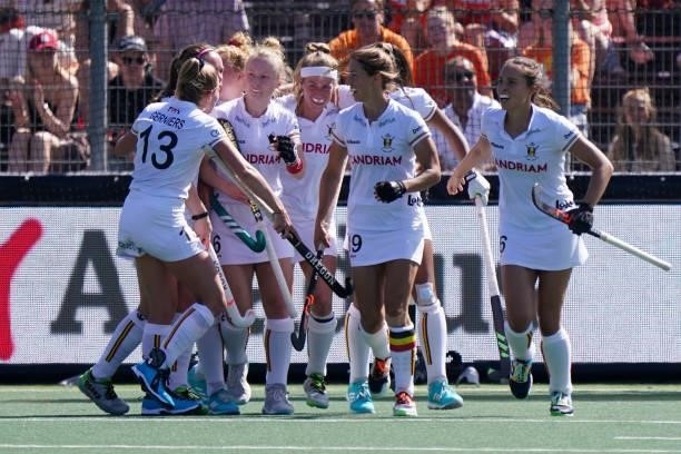 Abi Raye of Belgium celebrating her goal with her teammates during the Euro Hockey Championships Women match between Belgium and Spain at Wagener...