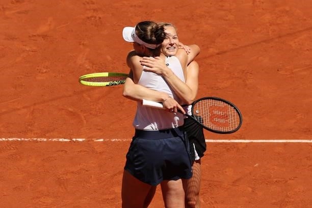 Katerina Siniakova and Barbora Krejcikova of The Czech Republic celebrate victory after winning their Women's Doubles Final match against Bethanie...