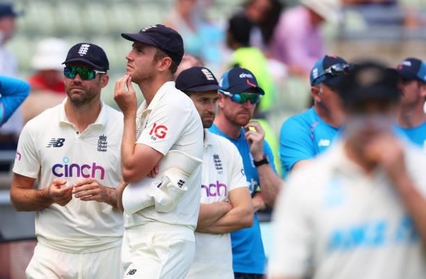 Stuart Broad and James Anderson of England interact following Day Four of the Second Test LV= Insurance Test Series match between England and New...
