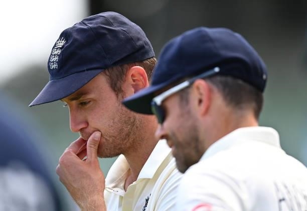 Stuart Broad and James Anderson of England interact following Day Four of the Second Test LV= Insurance Test Series match between England and New...