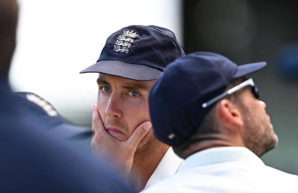 Stuart Broad of England reacts following Day Four of the Second Test LV= Insurance Test Series match between England and New Zealand at Edgbaston on...