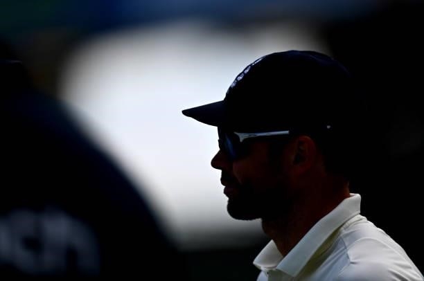 James Anderson of England looks on following Day Four of the Second Test LV= Insurance Test Series match between England and New Zealand at Edgbaston...