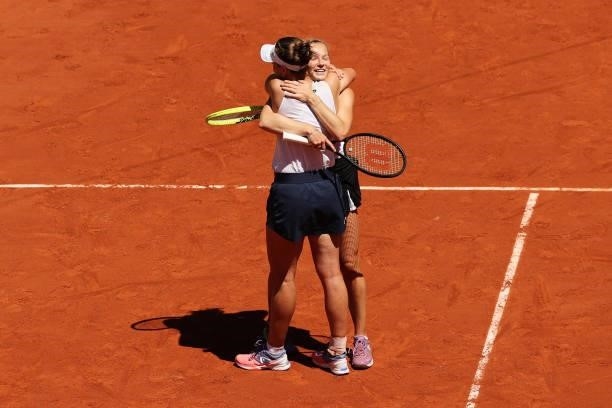 Katerina Siniakova and Barbora Krejcikova of The Czech Republic celebrate victory after winning their Women's Doubles Final match against Bethanie...
