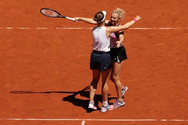 Katerina Siniakova and Barbora Krejcikova of The Czech Republic celebrate match point in their Women's Doubles Final match against Bethanie...