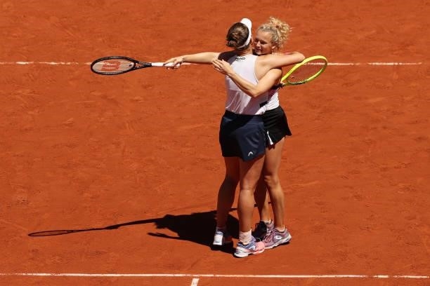 Katerina Siniakova and Barbora Krejcikova of The Czech Republic celebrate match point in their Women's Doubles Final match against Bethanie...