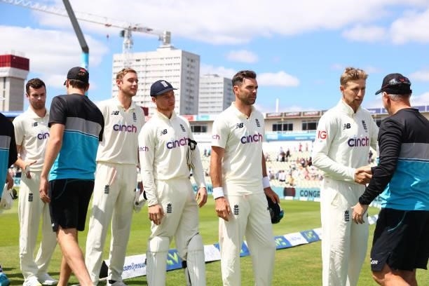 Players of England and New Zealand interact following Day Four of the Second Test LV= Insurance Test Series match between England and New Zealand at...