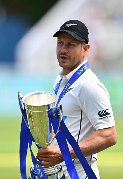 Neil Wagner of New Zealand looks on with the trophy following Day Four of the Second Test LV= Insurance Test Series match between England and New...