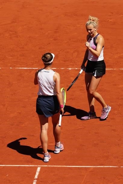 Katerina Siniakova and Barbora Krejcikova of The Czech Republic celebrate in their Women's Doubles Final match against Bethanie Mattek-Sands of The...