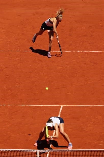 Katerina Siniakova of The Czech Republic, playing partner of Barbora Krejcikova of The Czech Republic serves in their Women's Doubles Final match...