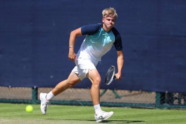 Felix Gill of Great Britain in action against Alex Bolt of Australia during day 1 of the Nottingham Trophy at Nottingham Tennis Centre on June 13,...