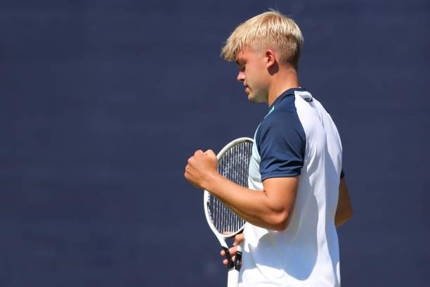 Felix Gill of Great Britain celebrates a point during day 1 of the Nottingham Trophy at Nottingham Tennis Centre on June 13, 2021 in Nottingham,...