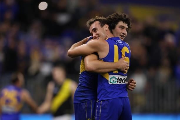 Tom Barrass and Luke Edwards of the Eagles celebrate winning the round 14 AFL match between the West Coast Eagles and the Richmond Tigers at Optus...