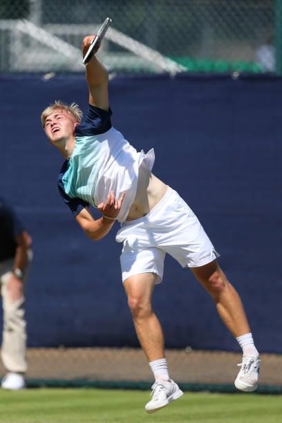 Felix Gill of Great Britain serves during day 1 of the Nottingham Trophy at Nottingham Tennis Centre on June 13, 2021 in Nottingham, England.