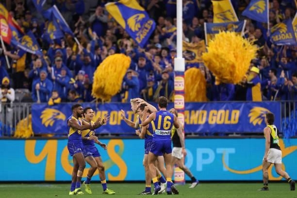 Oscar Allen of the Eagles celebrates a goal during the round 14 AFL match between the West Coast Eagles and the Richmond Tigers at Optus Stadium on...