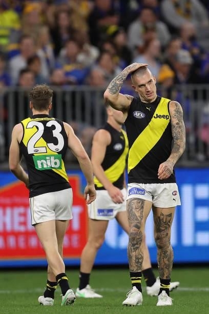 Dustin Martin of the Tigers looks on during the round 14 AFL match between the West Coast Eagles and the Richmond Tigers at Optus Stadium on June 13,...