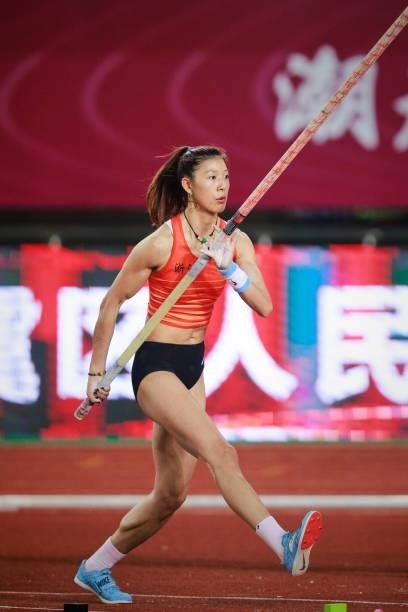 Xu Huiqin of Zhejiang competes in the Women's Pole Vault on day one of 2021 Chinese National Athletics Championships & Tokyo Olympic Trials at...