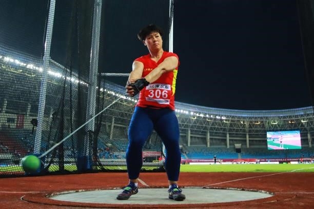 Wang Zheng of Shaanxi competes in the Women's Hammer Throw on day one of 2021 Chinese National Athletics Championships & Tokyo Olympic Trials at...