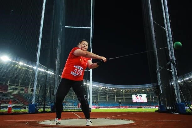 Luo Na of Heilongjiang competes in the Women's Hammer Throw on day one of 2021 Chinese National Athletics Championships & Tokyo Olympic Trials at...