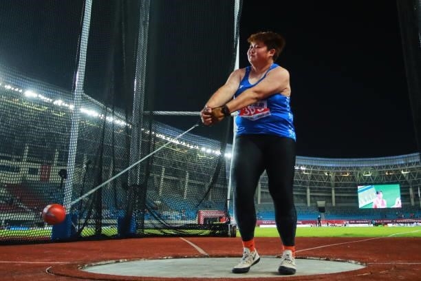 Huang Weilu of Jiangxi competes in the Women's Hammer Throw on day one of 2021 Chinese National Athletics Championships & Tokyo Olympic Trials at...