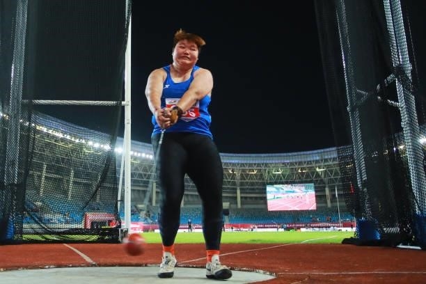 Huang Weilu of Jiangxi competes in the Women's Hammer Throw on day one of 2021 Chinese National Athletics Championships & Tokyo Olympic Trials at...