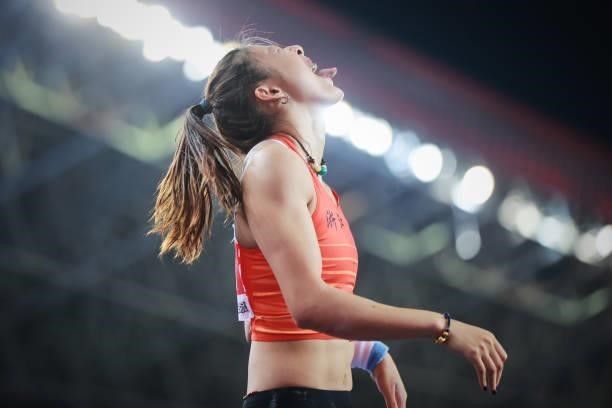 Xu Huiqin of Zhejiang reacts in the Women's Pole Vault on day one of 2021 Chinese National Athletics Championships & Tokyo Olympic Trials at Shangyu...