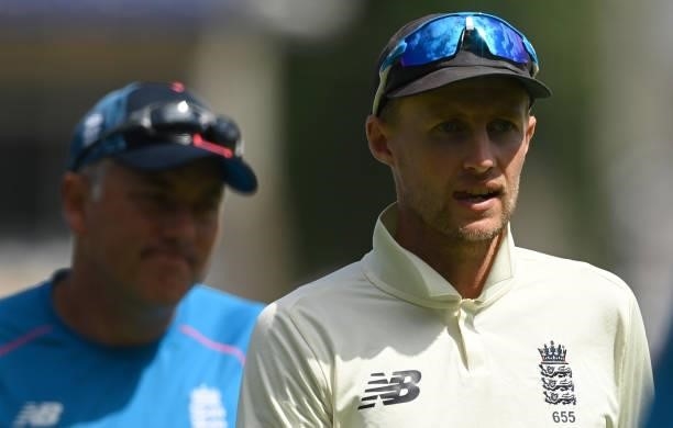Joe Root and Chris Silverwood of England look on after New Zealand won the second LV= Test match at Edgbaston on June 13, 2021 in Birmingham, England.