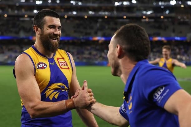 Josh J. Kennedy of the Eagles celebrates winning the game with Luke Shuey during the round 14 AFL match between the West Coast Eagles and the...