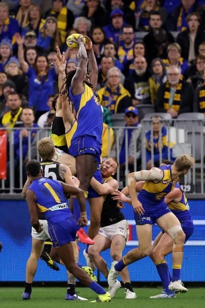 Nic Naitanui of the Eagles marks the ball during the round 14 AFL match between the West Coast Eagles and the Richmond Tigers at Optus Stadium on...