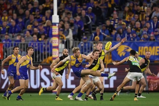 Oscar Allen of the Eagles kicks on goal during the round 14 AFL match between the West Coast Eagles and the Richmond Tigers at Optus Stadium on June...