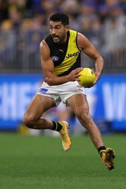 Marlion Pickett of the Tigers in action during the round 14 AFL match between the West Coast Eagles and the Richmond Tigers at Optus Stadium on June...