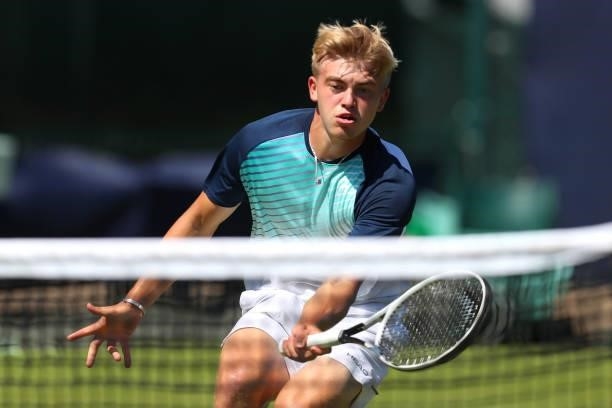 Felix Gill of Great Britain in action during day 1 of the Nottingham Trophy at Nottingham Tennis Centre on June 13, 2021 in Nottingham, England.
