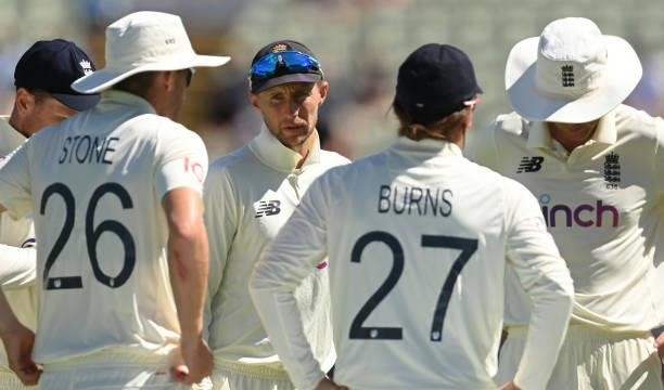 Joe Root of England talks to his players during the second LV= Test match against New Zealand at Edgbaston on June 13, 2021 in Birmingham, England.