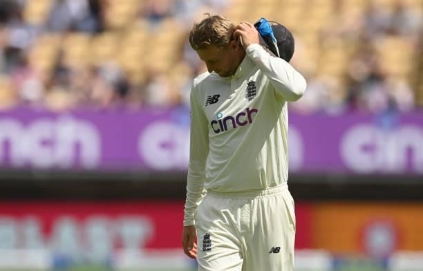 Joe Root of England scratches his head during the second LV= Test match against New Zealand at Edgbaston on June 13, 2021 in Birmingham, England.