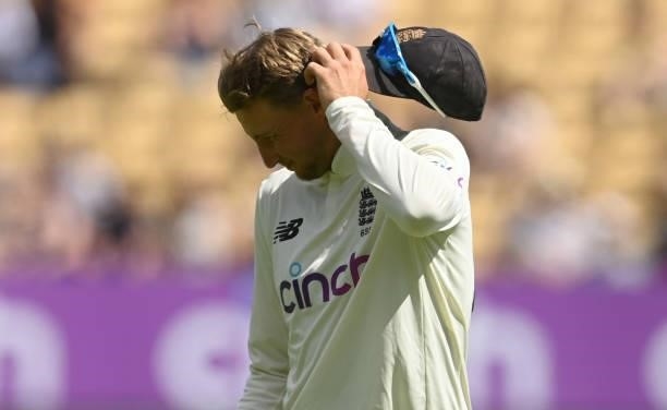 Joe Root of England scratches his head during the second LV= Test match against New Zealand at Edgbaston on June 13, 2021 in Birmingham, England.