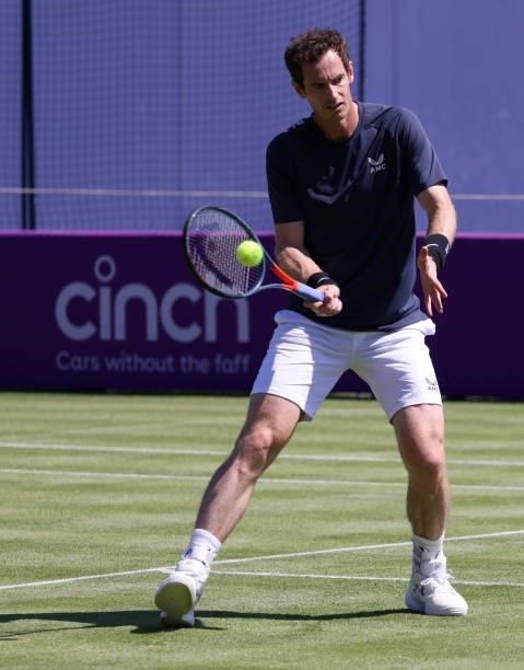 Sir Andy Murray of Great Britain in action on the practice courts during the cinch Championships 2021 at The Queen's Club on June 13, 2021 in London,...