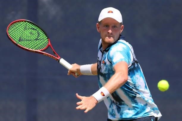 Luke Johnson of Great Britain hits a forehand during day 1 of the Nottingham Trophy at Nottingham Tennis Centre on June 13, 2021 in Nottingham,...