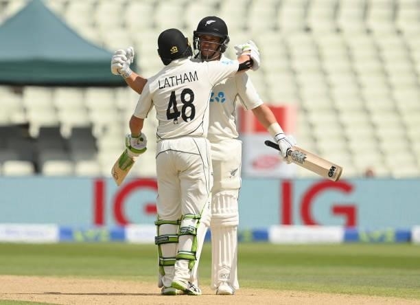 Ross Taylor embraces Tom Latham after New Zealand won the second LV= Test match against England at Edgbaston on June 13, 2021 in Birmingham, England.