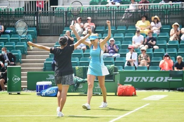 Makoto Ninomya of Japan and Lyudmyla Kichenok of Ukraine celebrates after they win the women’s doubles final between Caroline Dolehide and Storm...