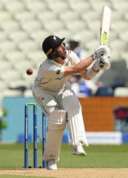 Will Young of New Zealand is hit by a Stuart Broad delivery during the second LV= Test match against England at Edgbaston on June 13, 2021 in...