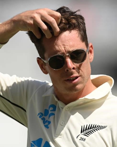 Mitchell Santner of New Zealand looks on after the second LV= Test match against England at Edgbaston on June 13, 2021 in Birmingham, England.