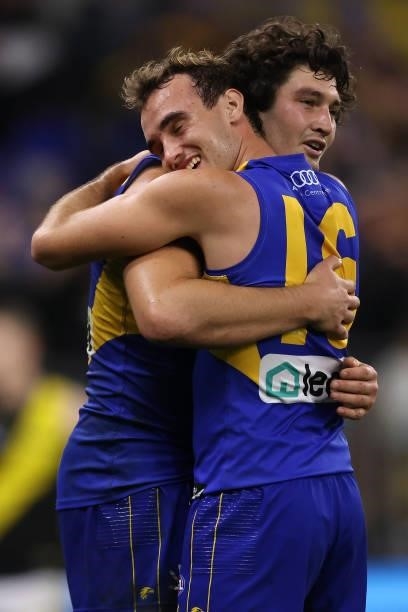 Tom Barrass and Luke Edwards of the Eagles celebrate winning the round 14 AFL match between the West Coast Eagles and the Richmond Tigers at Optus...