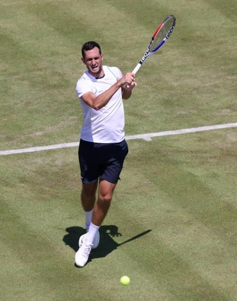 James Ward of Great Britain plays a forehand during his Men's Singles Qualifying match against Illya Marchenko of Ukraine at the cinch Championships...